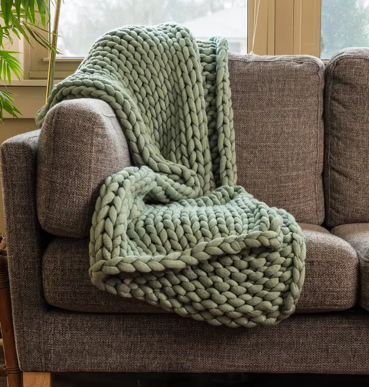 Chunky Sage Green Knit Throw Blanket